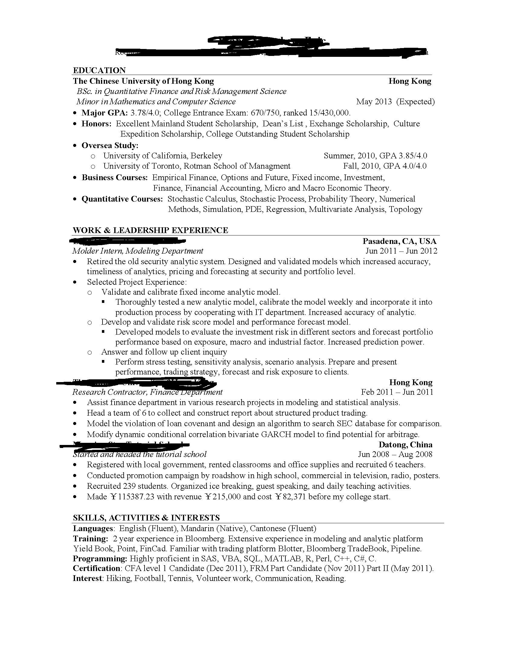 undergraduate resume for ibd review second round