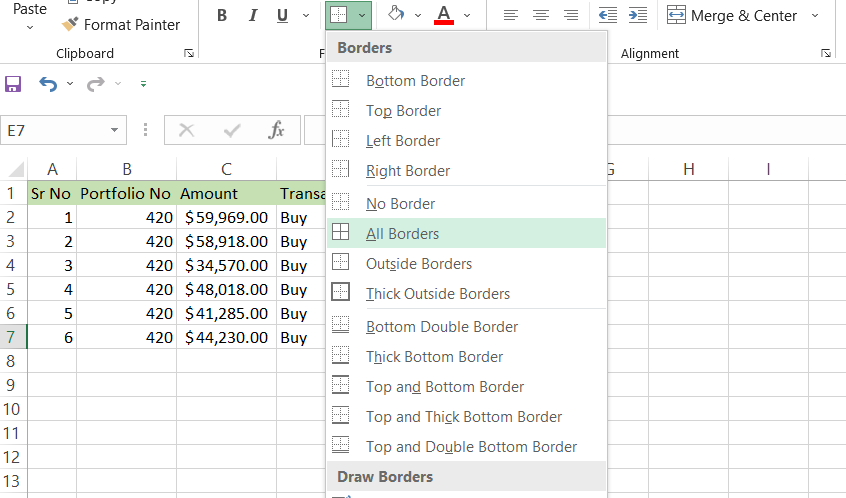 Spreadsheet showing Borders Option and Option add All Borders