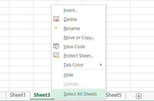 Spreadsheet showing Options related to rows and columns