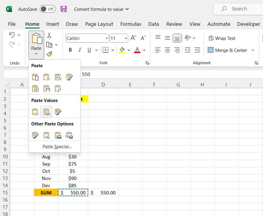 Pasting SUM Function in Excel