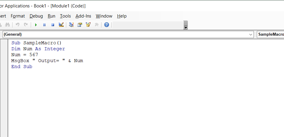 Example of VBA in which we declared an integer variable Num and assigned it a value of 567.