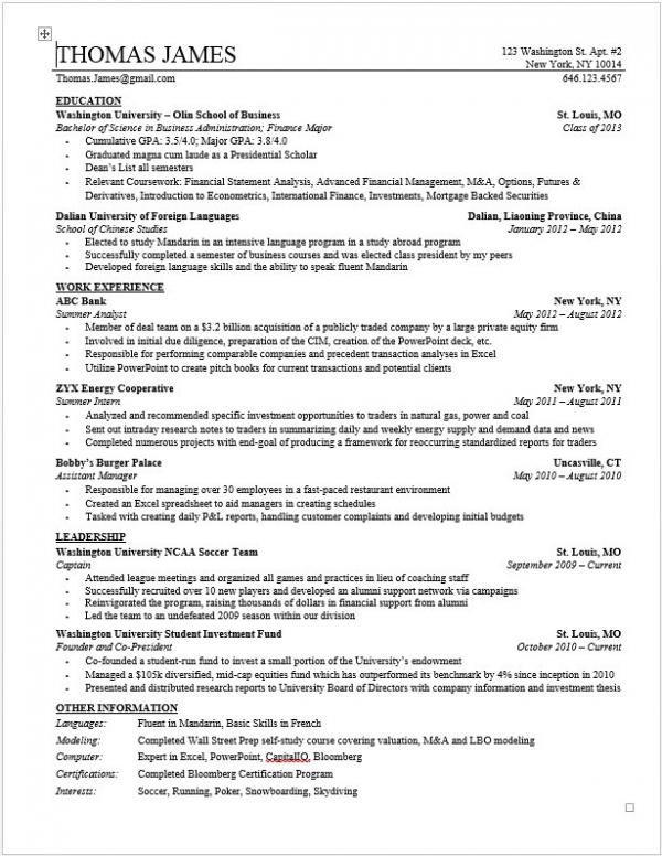 wso investment banking resume template for college stud