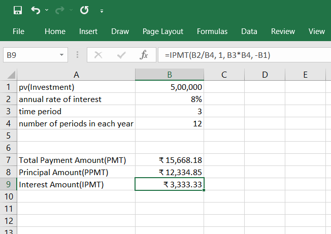 Spreadsheet showing the formula to calculate the interest earned in the first period.