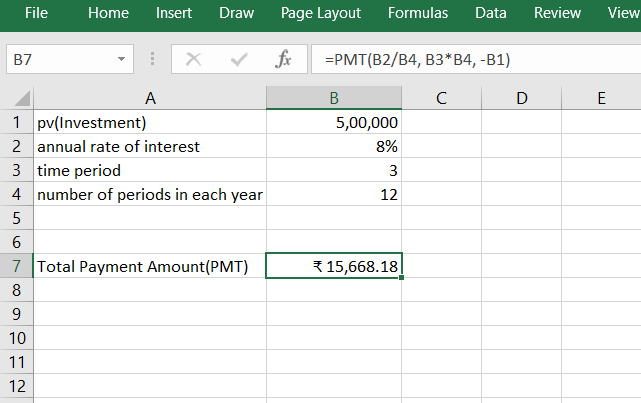Spreadsheet showing that how to calculate the total monthly payment.