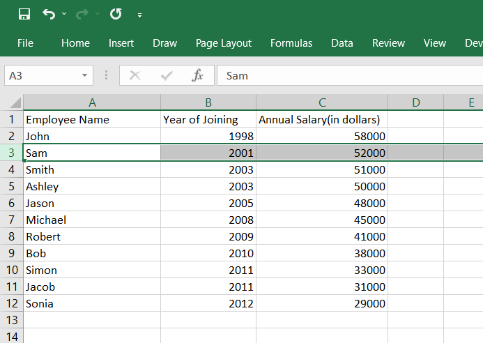 Spreadsheet showing that how to insert multiple empty rows in this data.