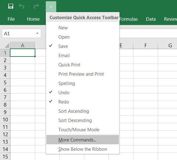 Spreadsheet showing that how to add the repeat command in the quick access toolbar.