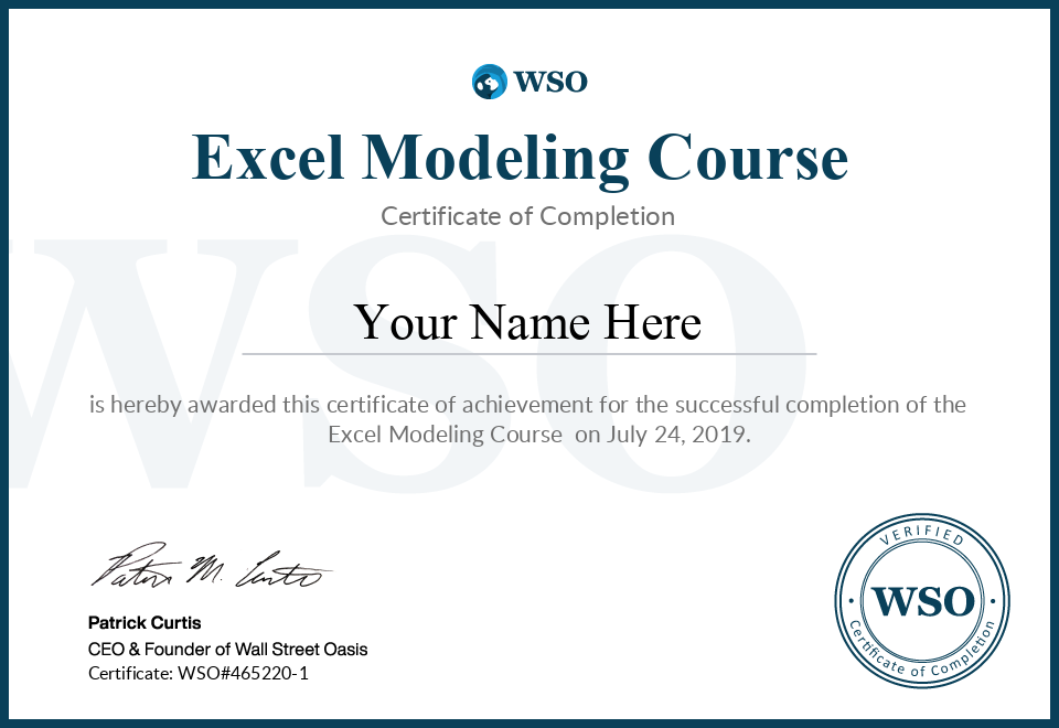 Excel Modeling Course Certification