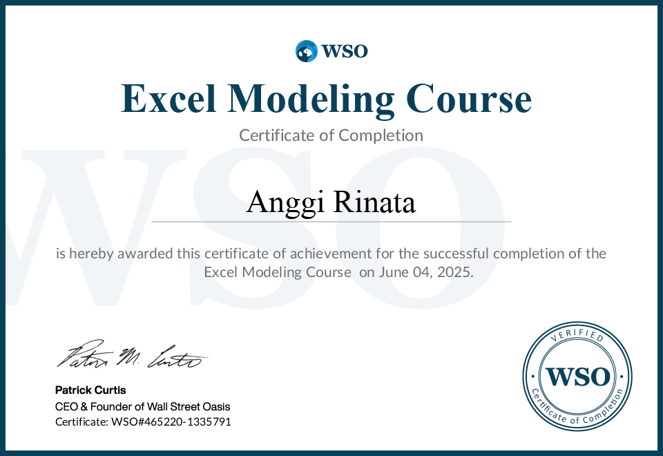 Certificate of Completion - Excel Modeling Course - Anggi Rinata