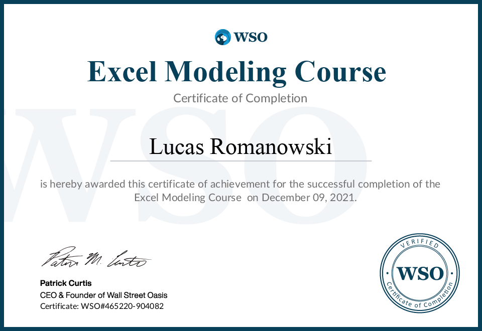 Certificate of Completion - Excel Modeling Course - Lucas Romanowski