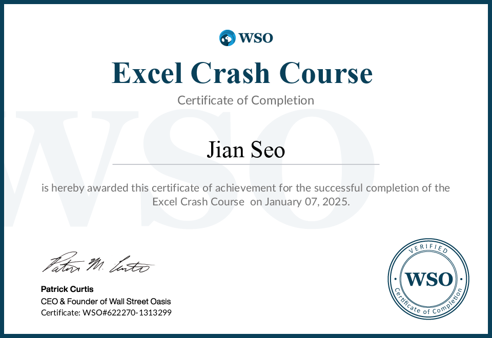Certificate of Completion - Excel Crash Course - Jian Seo