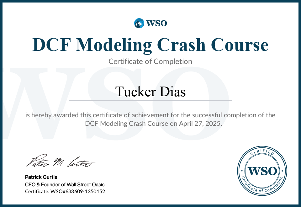 Certificate of Completion - DCF Modeling Crash Course - Tucker Dias