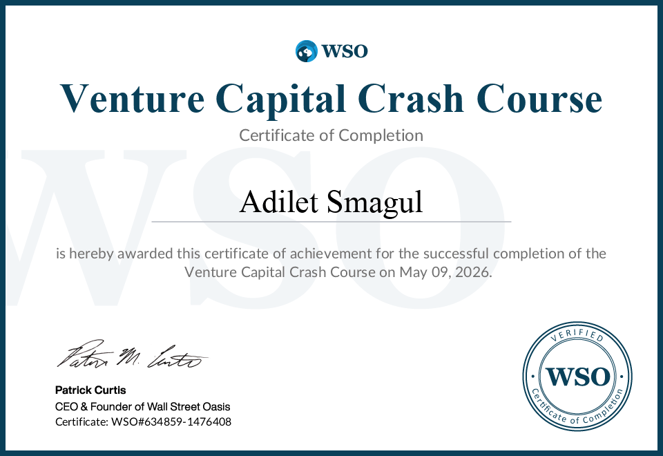 Smagul Certificate of Completion - Venture Capital Crash Course - Adilet Smagul