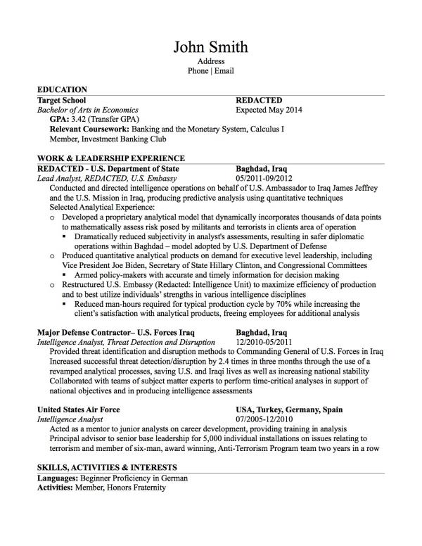 non  former analyst resume review requ