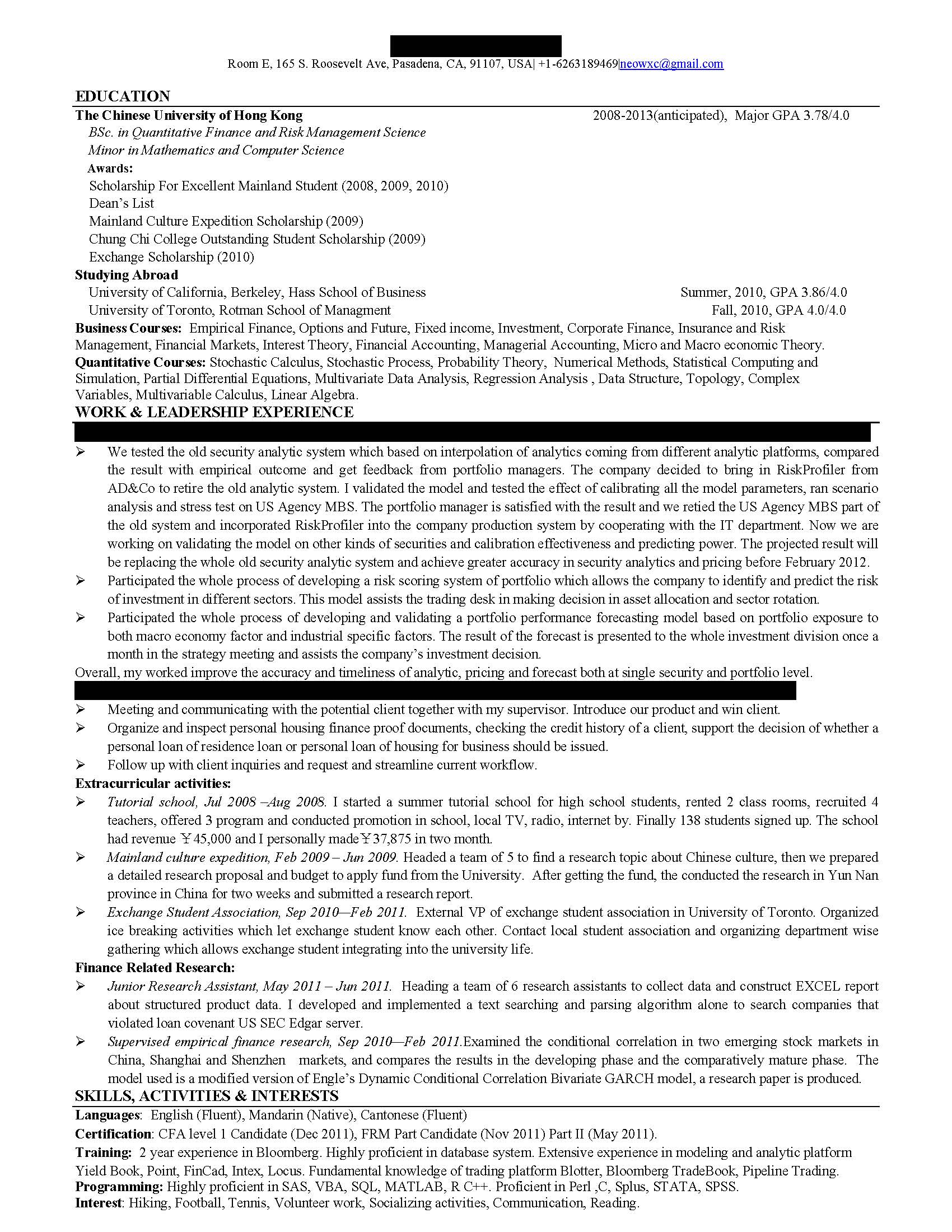 undergraduate resume for ibd review