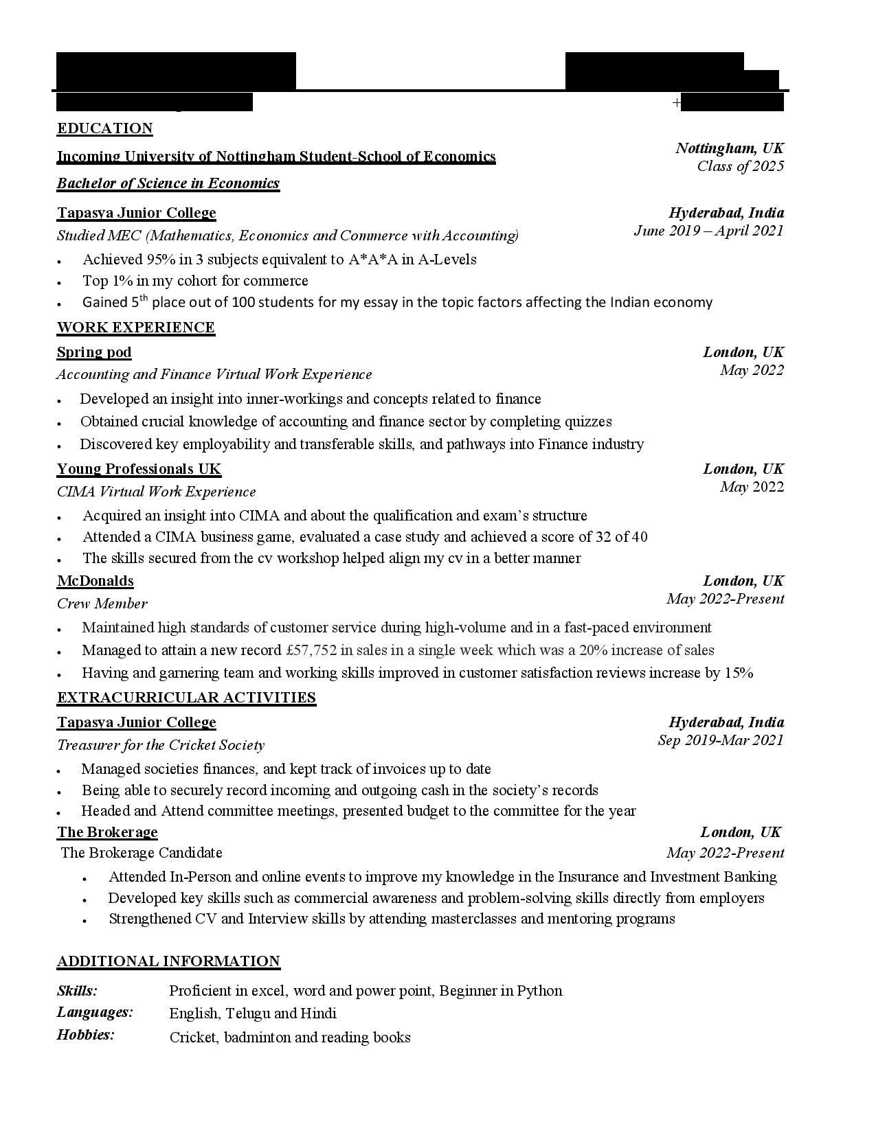 Please roast my CV Incoming University student looking to apply for the spring weeks