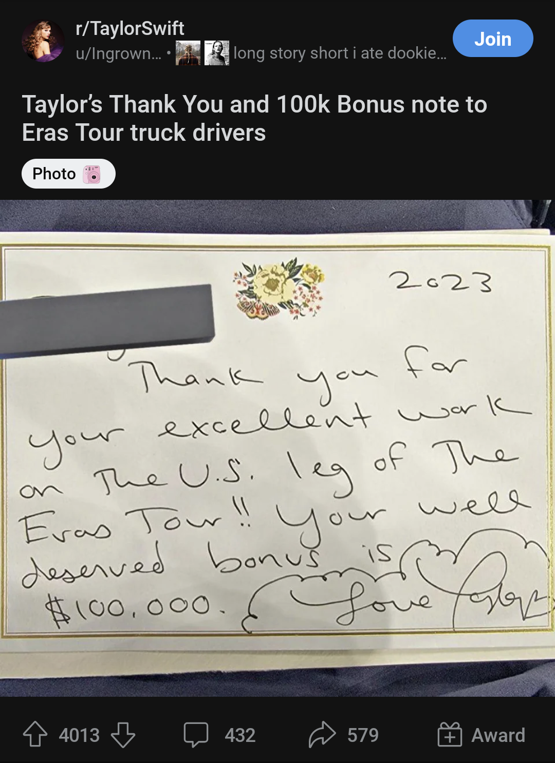 Handwritten card by Taylor Swift giving truck drivers $100K bonuses