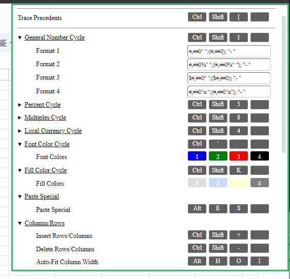 SheetWhiz shortcuts menu