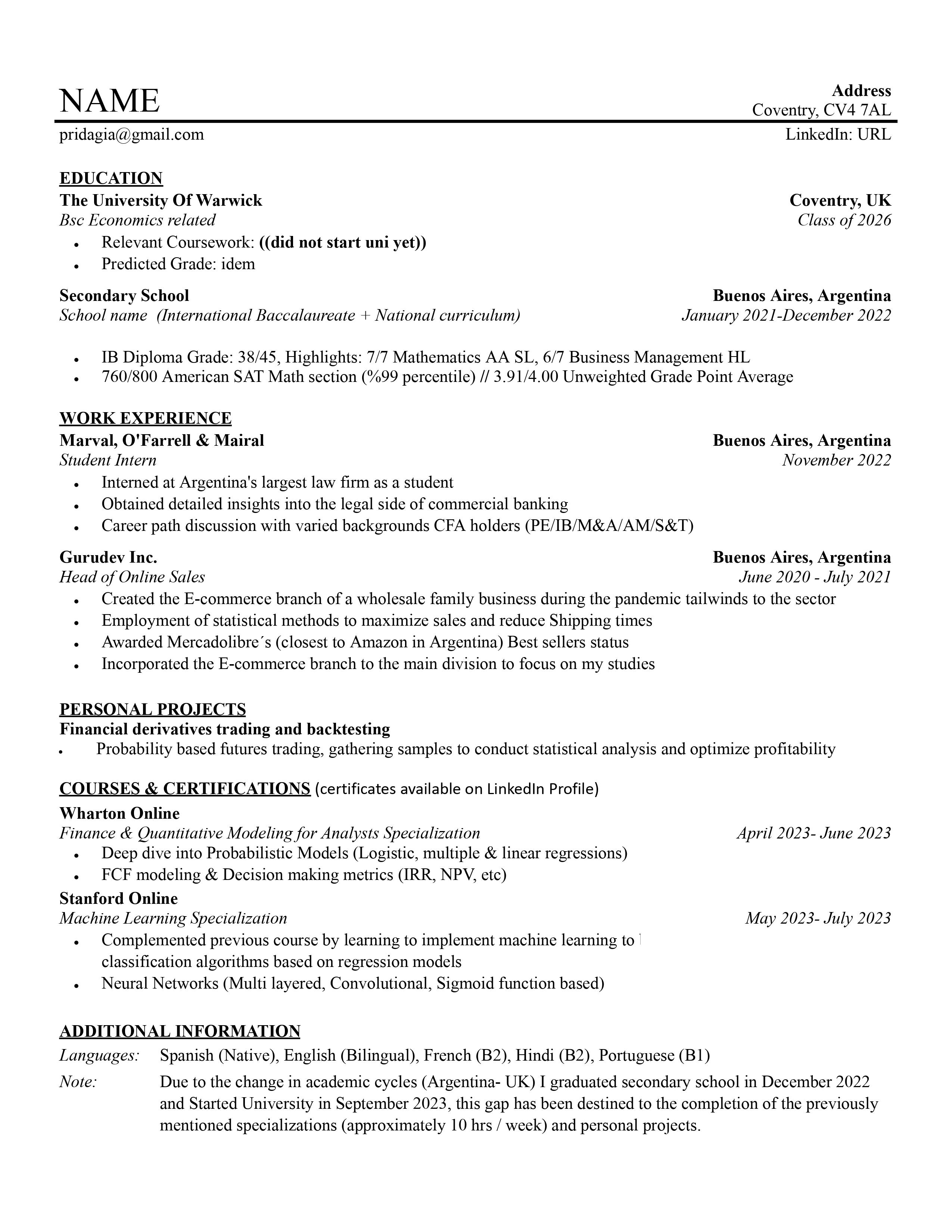 Critique my CV for Spring weeks 2024 as a first year student | Wall ...