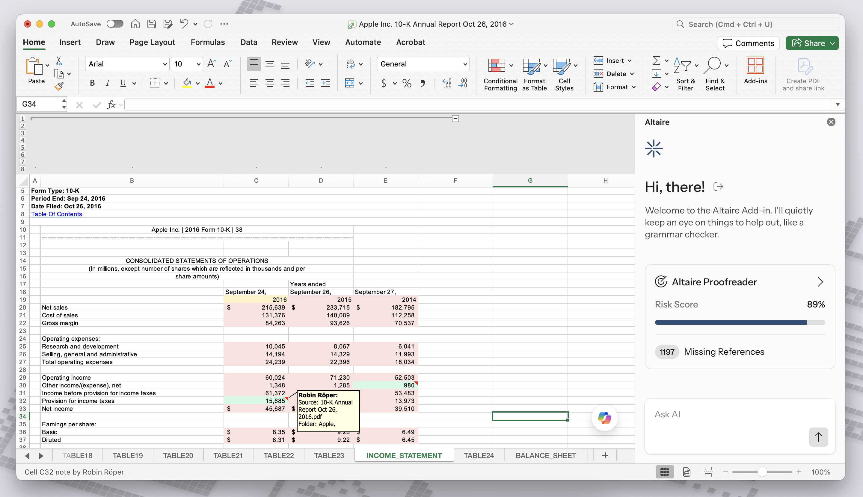 Excel Add-in on Apple Inc. 10-K 2016 Filing