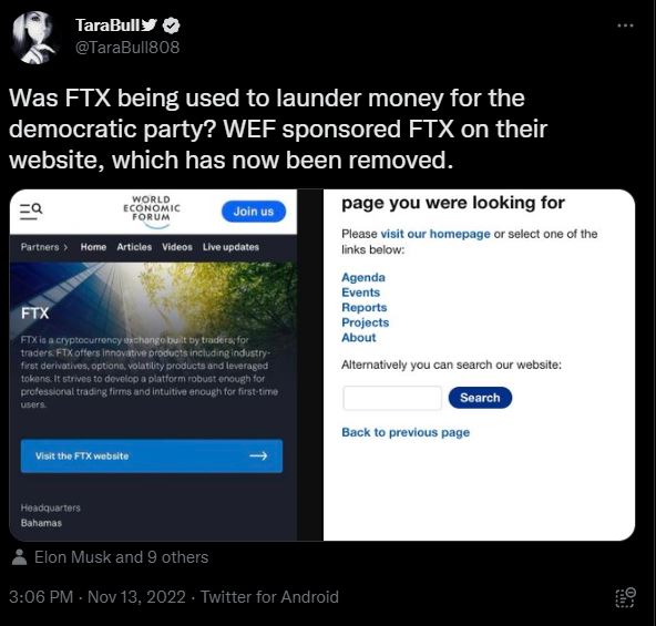 Rumors about SBF use FTX to launder money for Democrats (Source: Twitter)