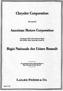 Pitch Deck Tombstone - Tombstone of Chysler's purchase of American Motors