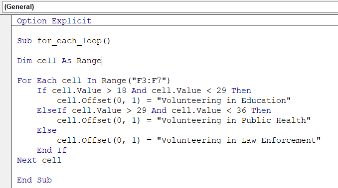 For Each Statement VBA Code