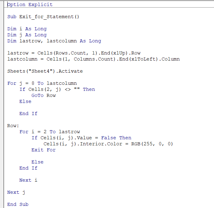 Exit For Statement VBA Code