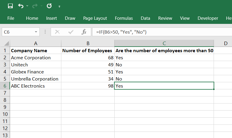 Spreadsheet showing the results.