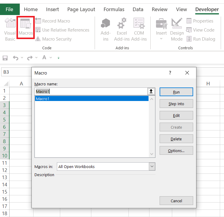 Macro dialog box in Excel