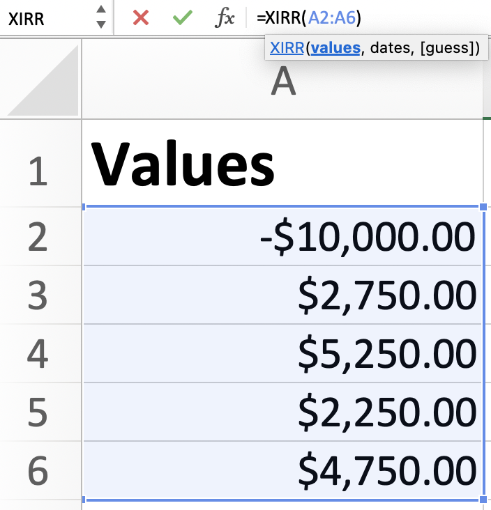 Referencing the values in XIRR formula