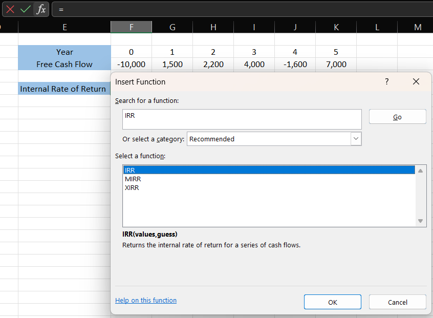 Spreadsheet showing that how to use IRR Function in Excel.