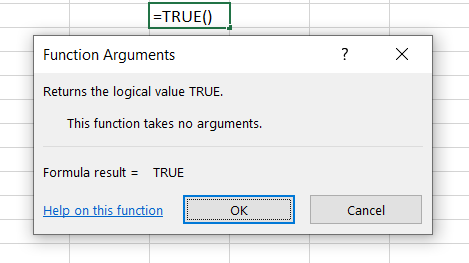 TRUE function dialog box