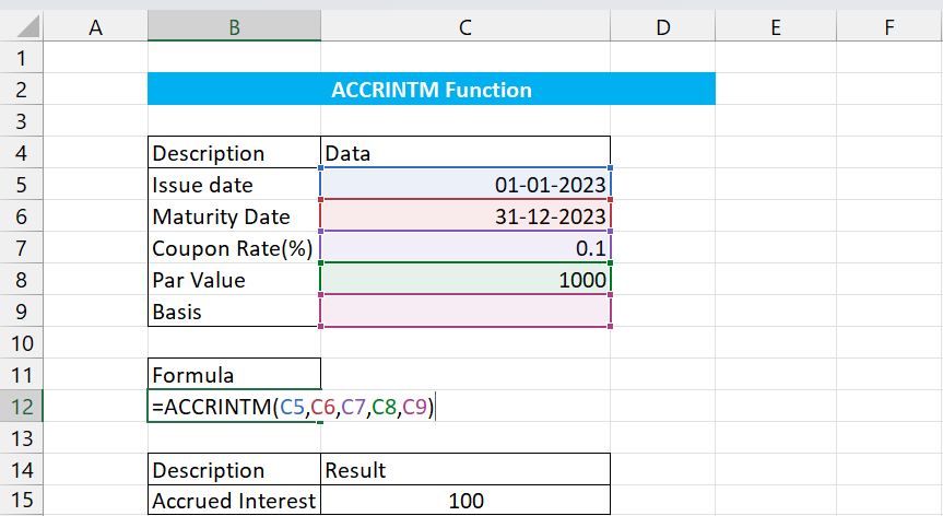 Spreadsheet showing about the Accrued Interest payable in Cell B12 using the ACCRINTM formula. 