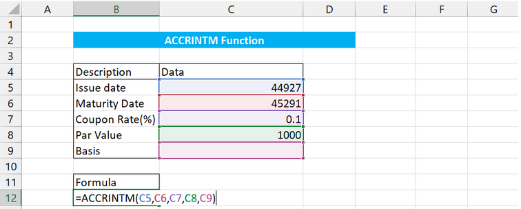 Spreadsheet showing about that we have referenced C5, C6, C7, C8, and C9 according to the syntax of the ACCRINTM Function.