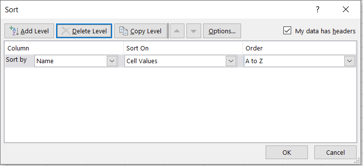 Sort function dialog box