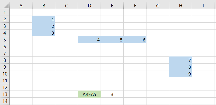 Spreadsheet showing about the formula will be =AREAS((B2:B4,D5:F5,H8:H10)), giving the result as 3.