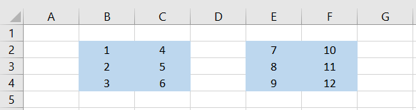 Spreadsheet showing that we have two ranges, B2:C4 and E2:F4, as highlighted in the spreadsheet.