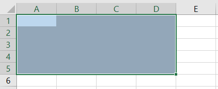 Spreadsheet showing that you have a range of cells from A1:D5 and want to evaluate whether the cells belong to a single area or multiple areas.