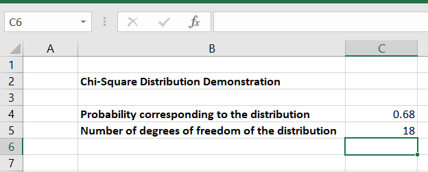 Spreadsheet showing that a hypothetical chi-squared distribution with 18 degrees of freedom and a probability matching the distribution of 0.68. 