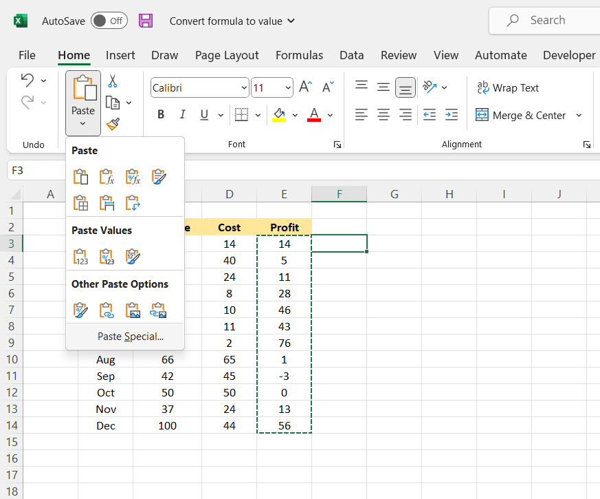 Pasting Values in Excel