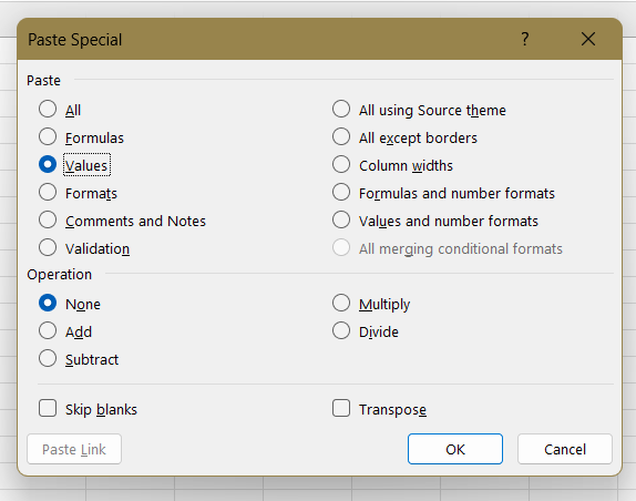 Value Option in Paste Special Section Excel