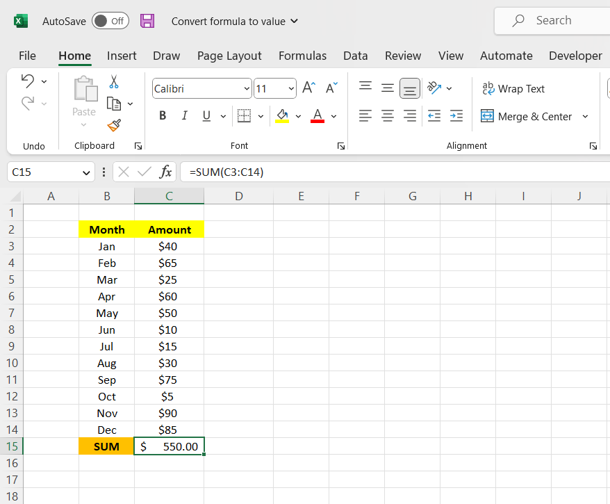 Sum Function in Excel