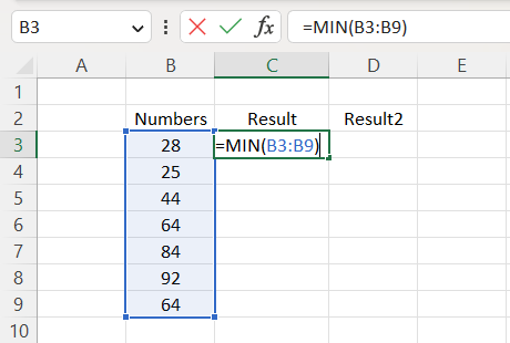 MIN Function Example