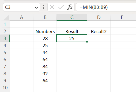 MIN Function Result