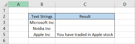 Spreadsheet showing about the Text strings and result.