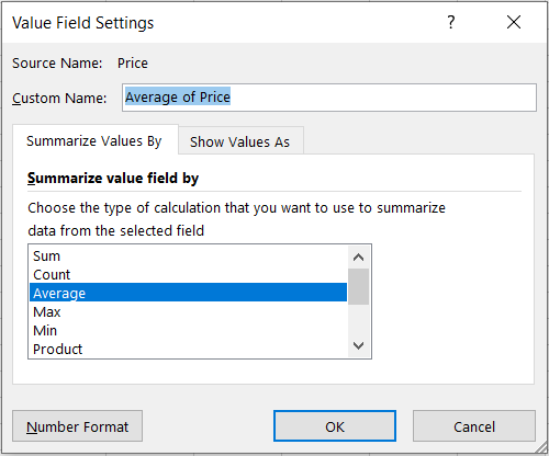 Dialog Box Of Value Field Settings