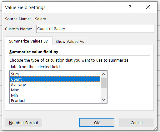 Value Field Settings