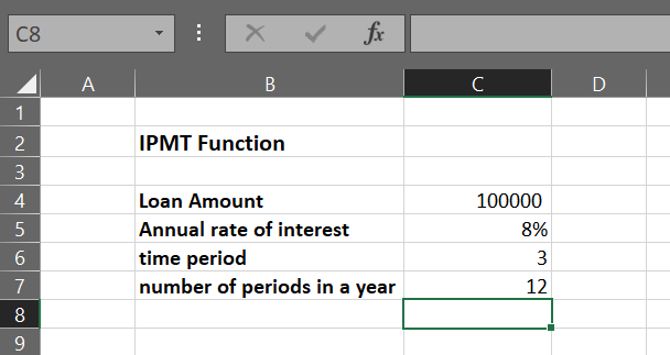 Spreadsheet showing that Mr.Smith invested $100,000 at an annual interest rate of 8% for three years.