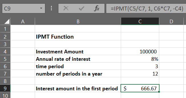 Spreadsheet showing that the interest amount is positive as there is a net cash inflow, which means Mr.Smith earns the interest amount periodically.