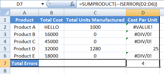 Example for the SUMPRODUCT and ISERROR combination